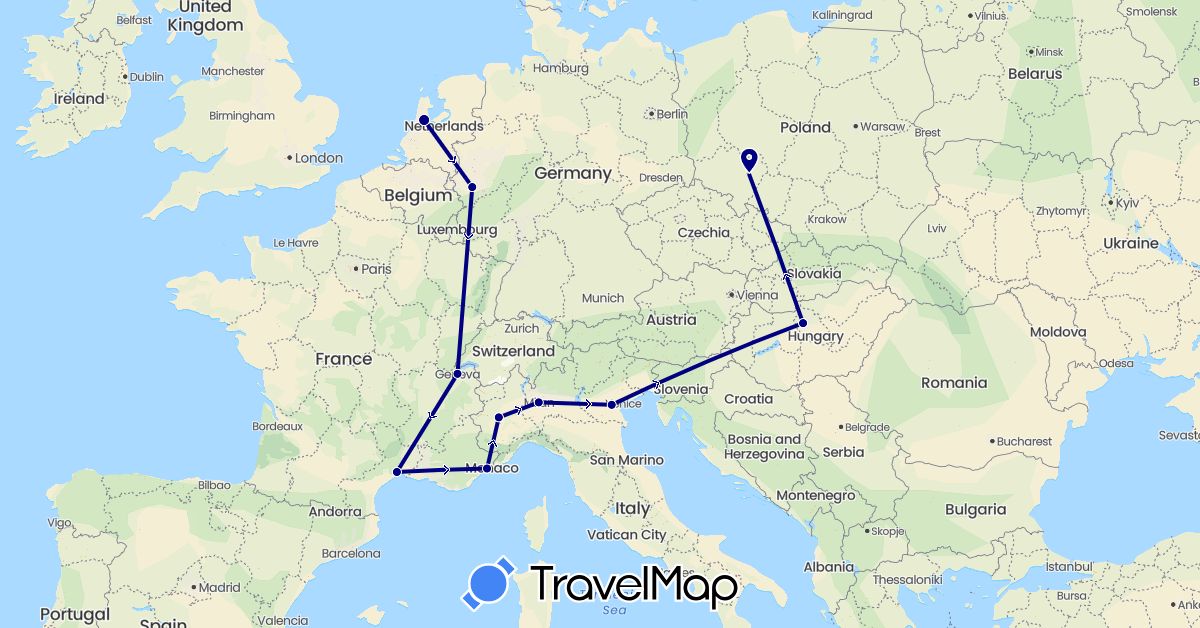 TravelMap itinerary: driving in Switzerland, Germany, France, Hungary, Italy, Netherlands, Poland (Europe)